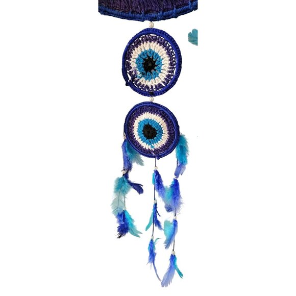 Crocheted Evil Eye Blue and White Dreamcatcher With Feathers and Beads 36" Long - Picture 4 of 8